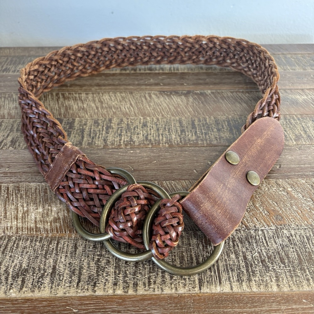 Boho Woven Braided Ring Adjustable Leather Belt 36" 38" Western Festival Brown